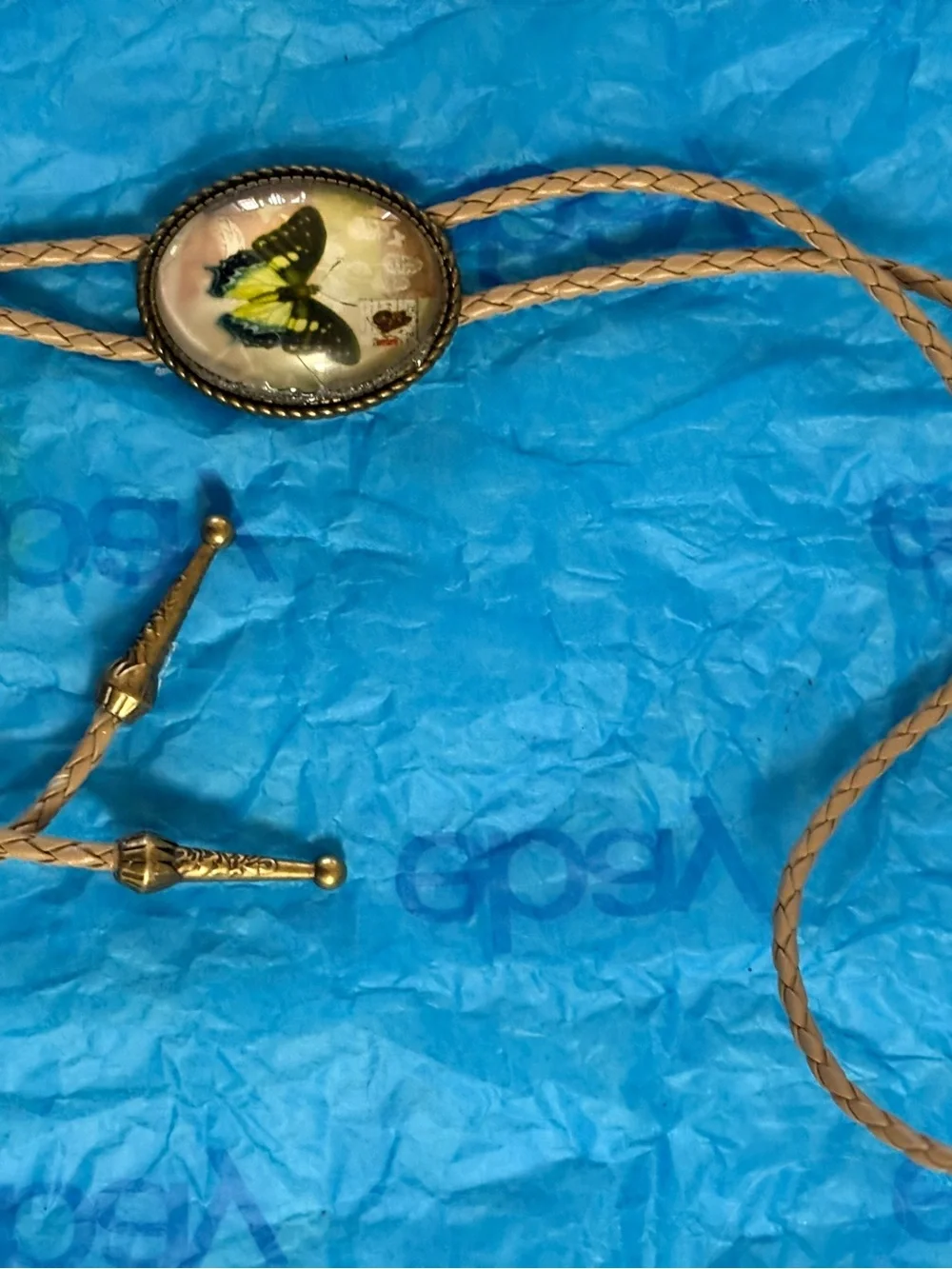 Vintage Style Butterfly Pendant Necklace - Yellow & Green Bolo Tie